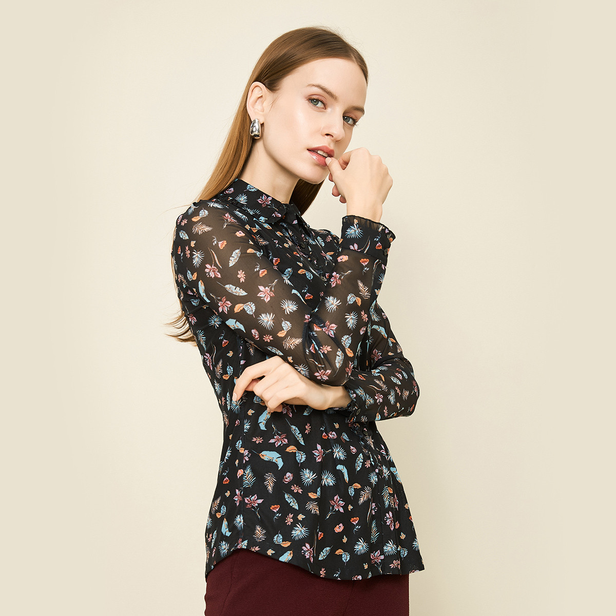 敦奴时尚不规则印花长袖女士衬衫