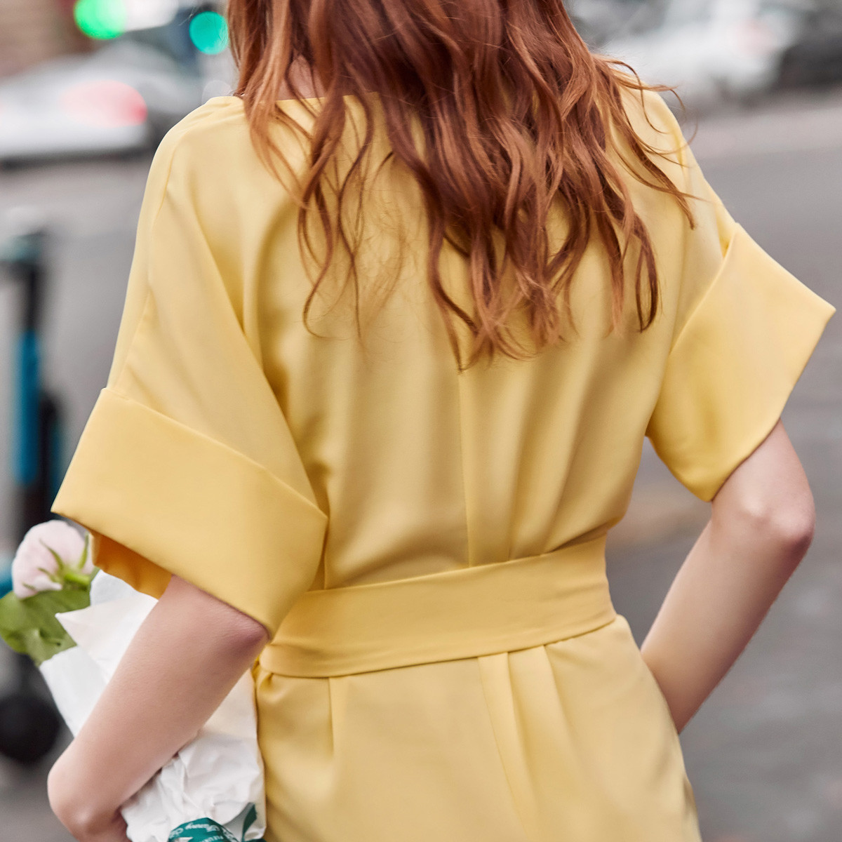 amii极简2019夏气质圆领连身袖配腰带雪纺裙