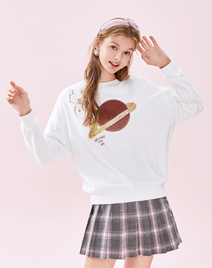 【刺绣 亮片】森马2019春季新款圆领显瘦刺慵懒风女装卫衣女