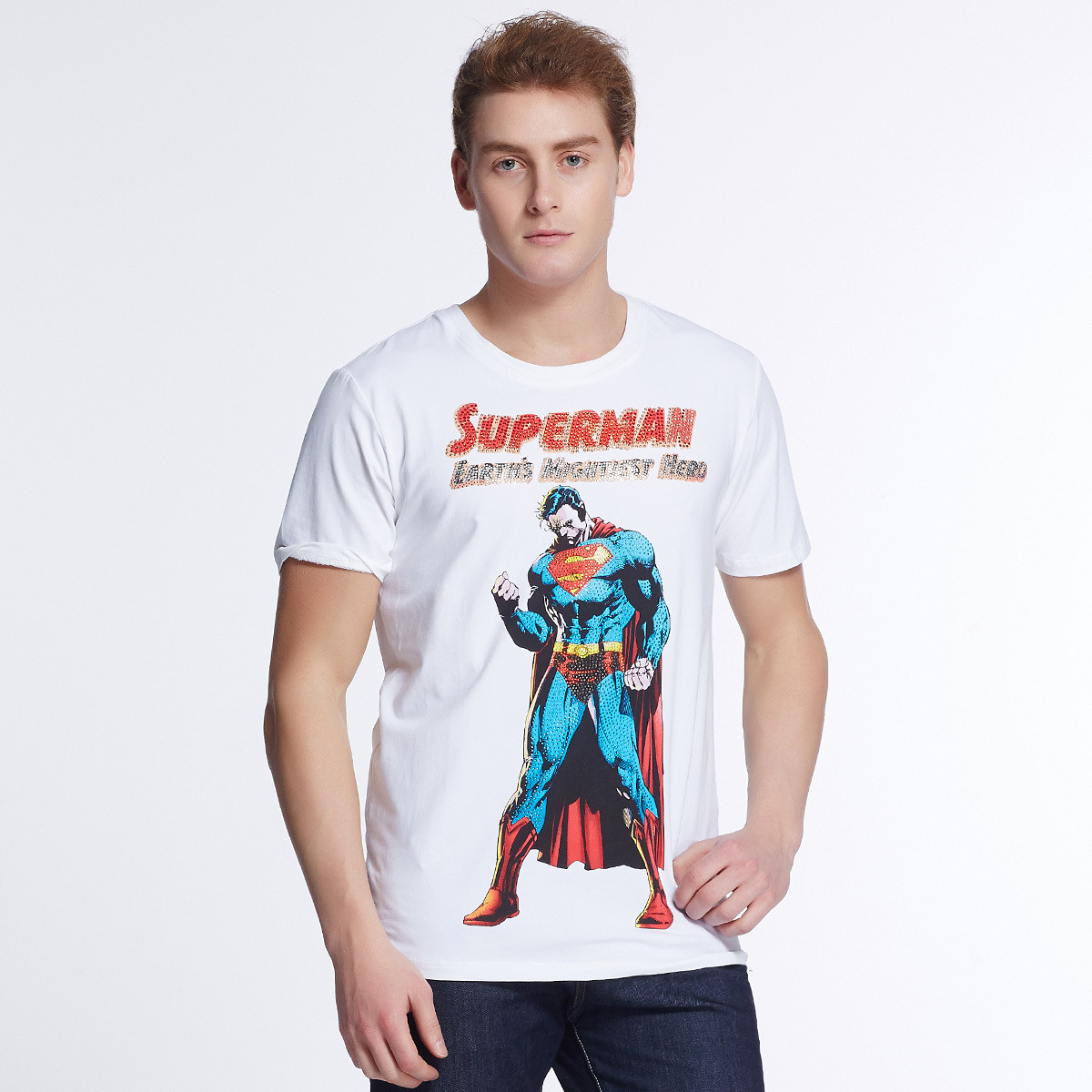 dc comics super heroes超人系列 男款短袖t恤 镶钻圆领图案印花男款