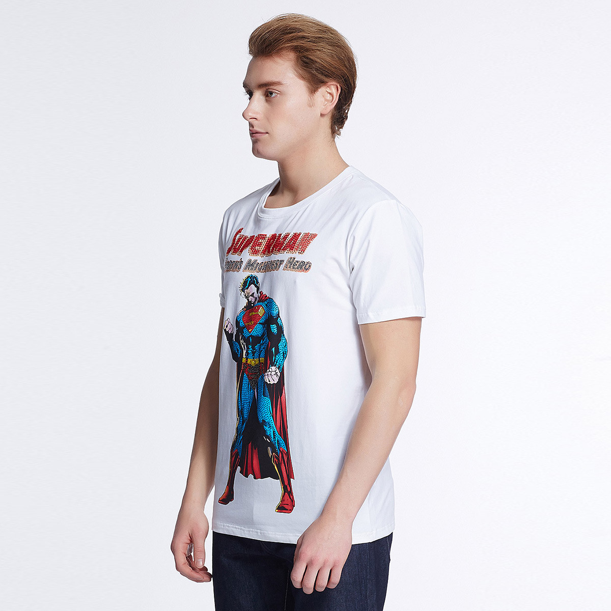 dc comics super heroes超人系列 男款短袖t恤 镶钻圆领图案印花男款