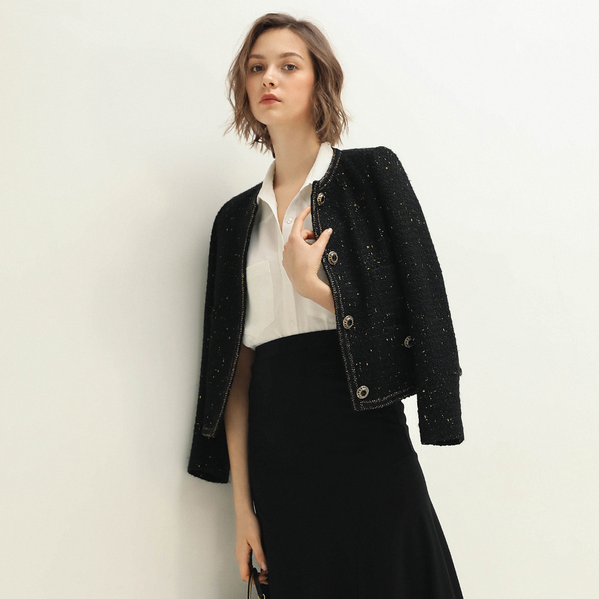 名媛小香风外套女秋装黑色粗花呢短款上衣ct842