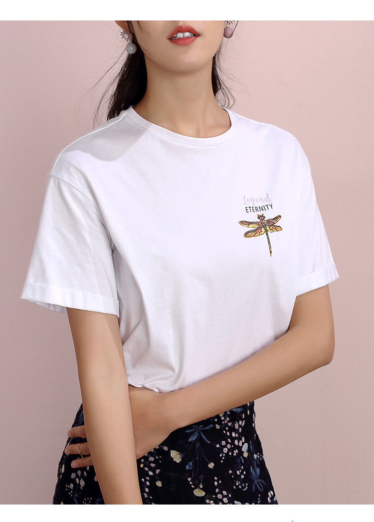 文艺蜻蜓印花t恤女白色2019夏装新款韩版纯棉上衣圆领短袖