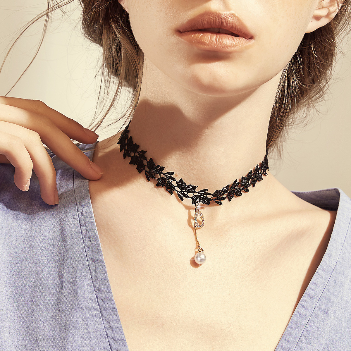 静风格无忧不规则蕾丝叶子造型水晶珍珠颈链choker项圈女士潮流项链配