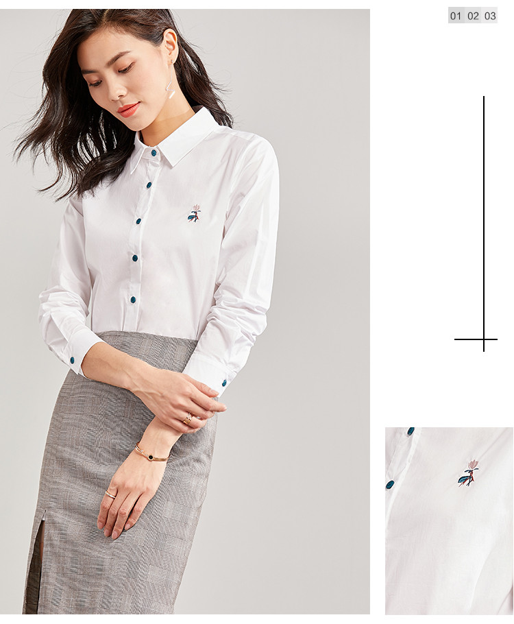 19年春新品单排扣衬衫女休闲时尚通勤撞色绣花女式衬衫