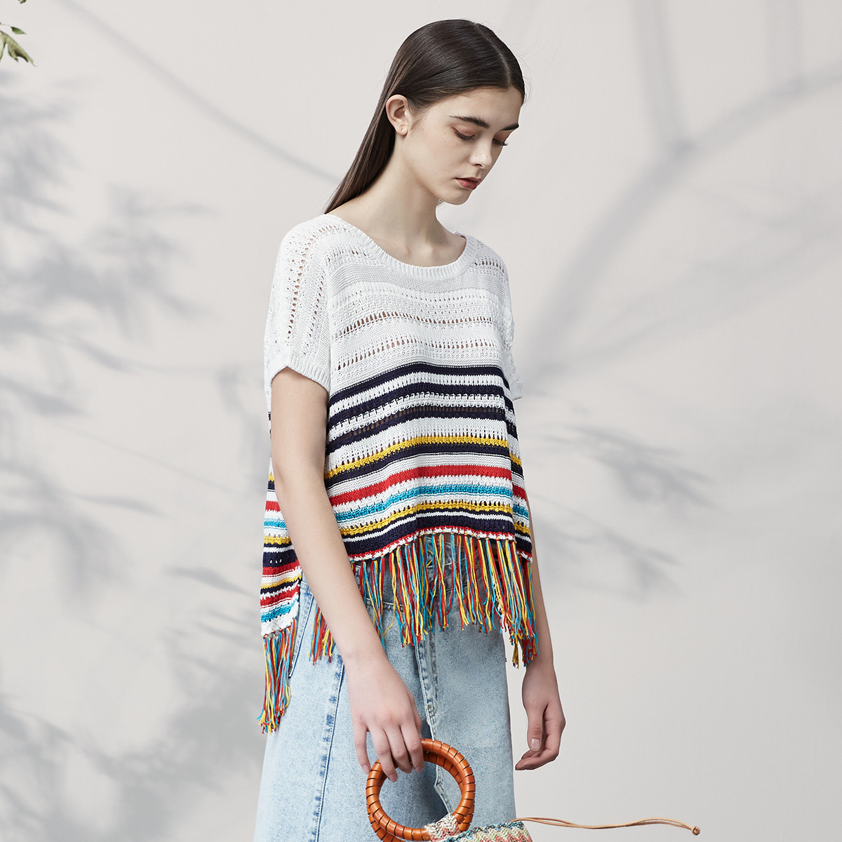 菀草壹夏季新品圆领短袖下摆流苏复古宽松休闲毛衣女女式针织衫