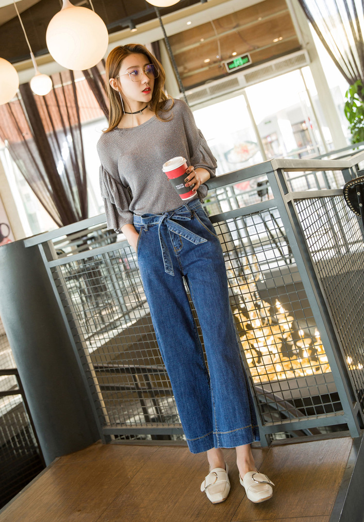 宽松系带牛仔裤女春季2019新款韩版高腰直筒裤女九分裤