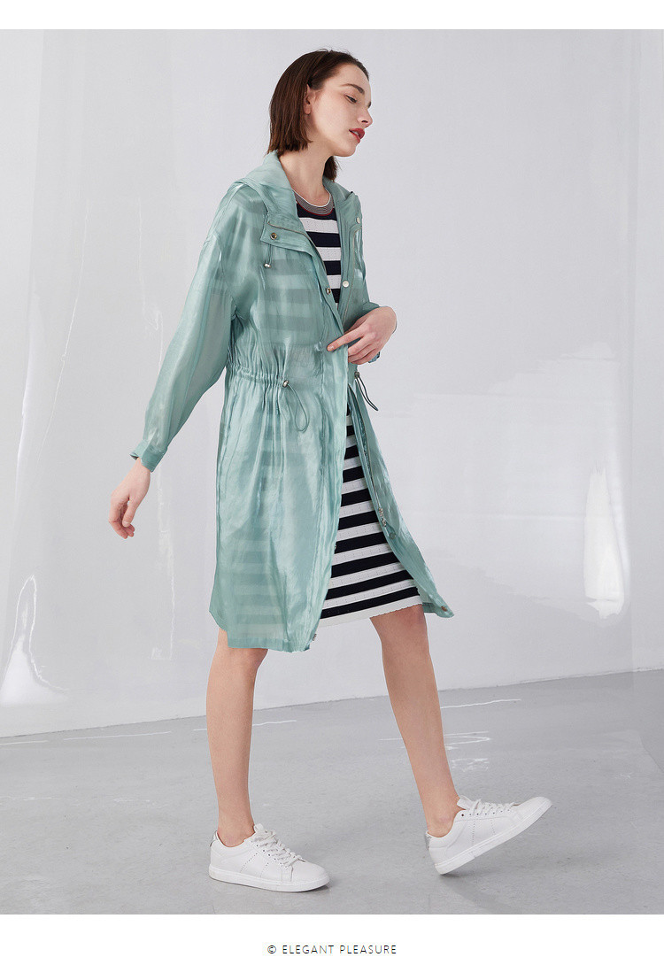 米歇尔摩萨克女装连帽抽绳收腰休闲时尚中长风衣外套女