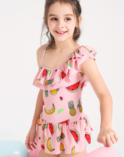 顶瓜瓜儿童泳衣女童斜肩连体公主裙式游泳衣