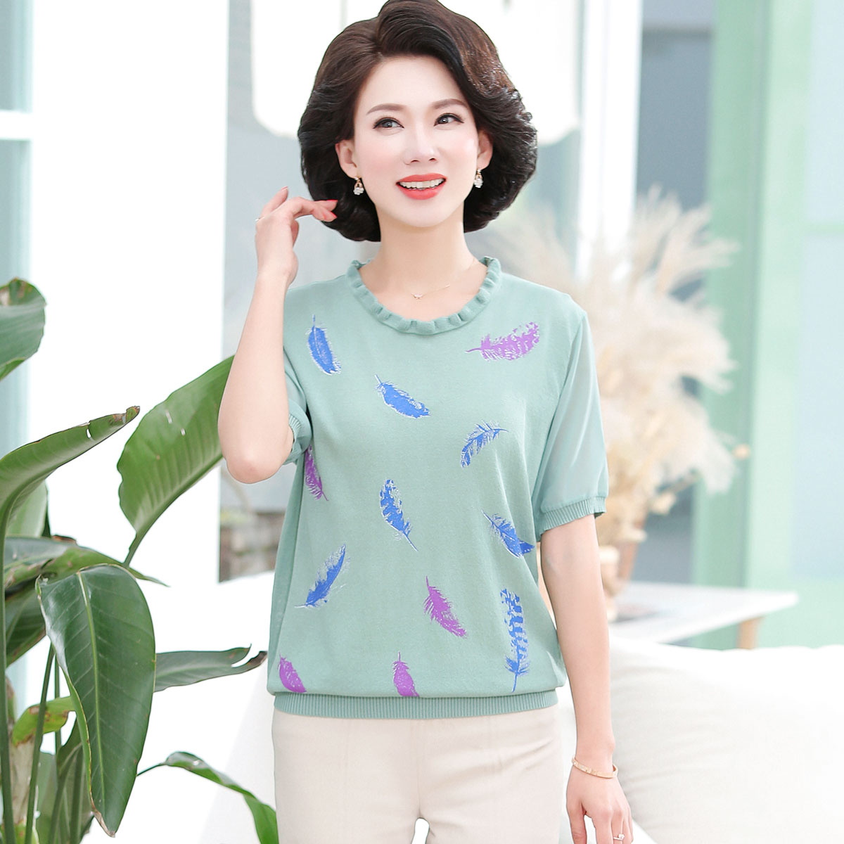 中老年女装短袖t恤针织衫中年女士妈妈夏装阔太太洋气上衣