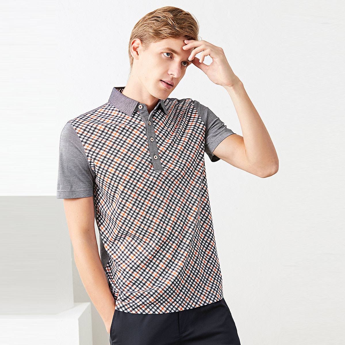 梵思诺versino 商务风格子男士t恤短袖 灰色 m