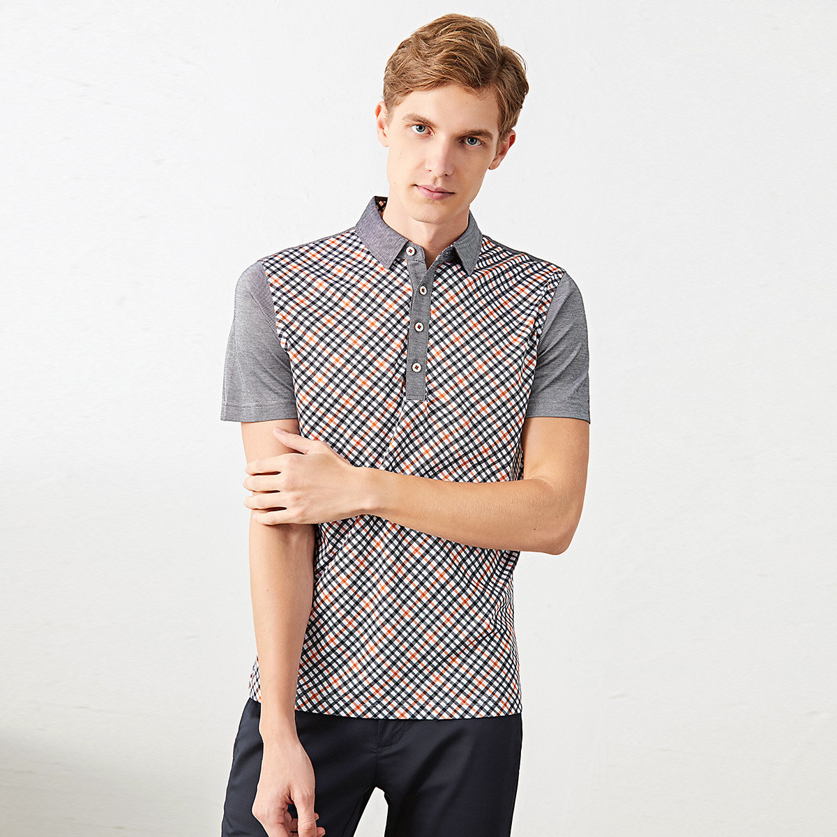 梵思诺versino 商务风格子男士t恤短袖 灰色 m