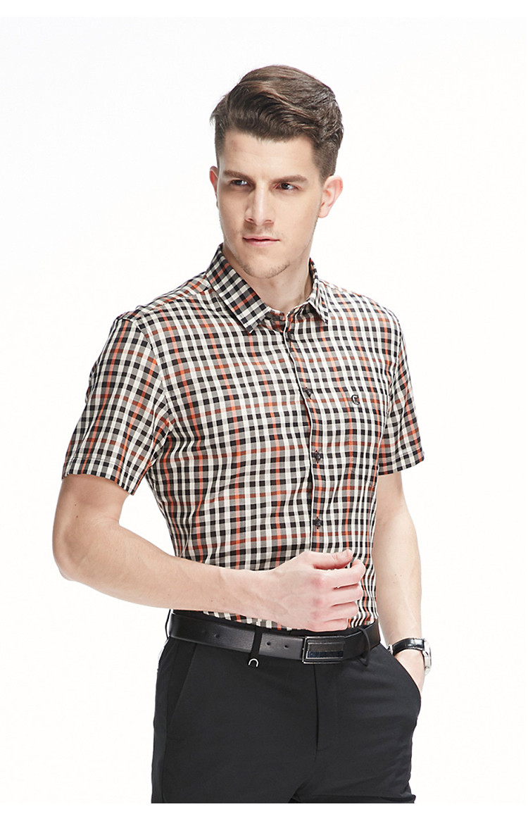 杰克斯男装时尚百搭休闲舒适格仔短袖衬衣男士衬衫