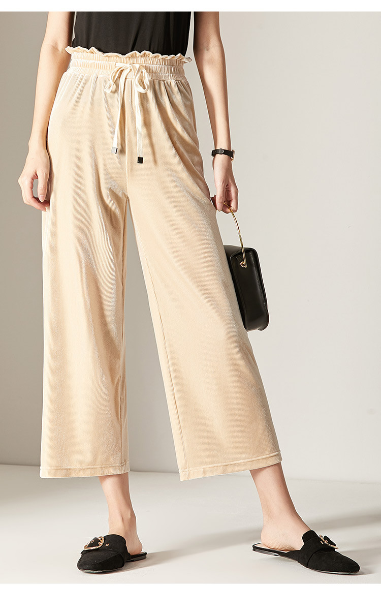 【降价清仓】夏季新品抽绳阔腿裤通勤中腰纯色长裤女式休闲裤 蓝色 m