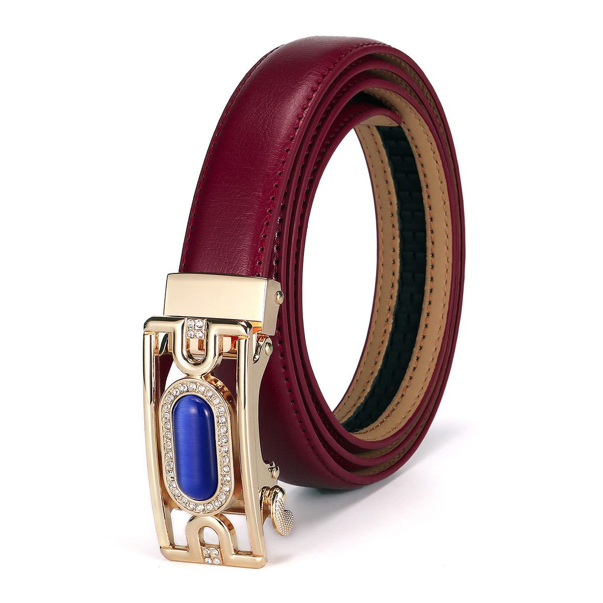 莱恩雷迪新款合金镶钻嵌蓝宝石色扣头双层彩色牛皮自动伸缩扣女士腰带