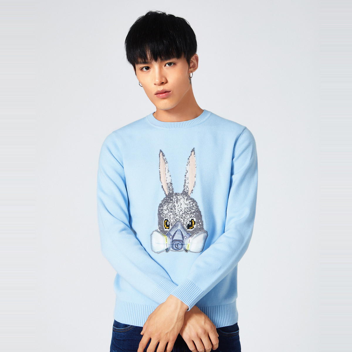 卡宾cabbeen 兔子图案长袖男士针织衫 粉蓝色 56
