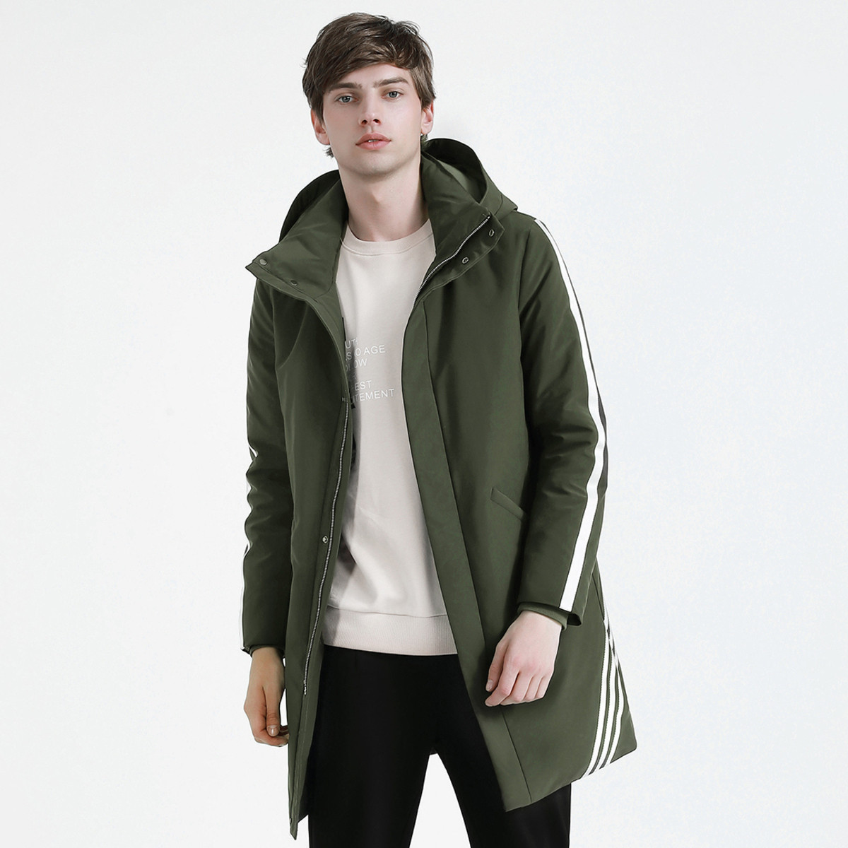 卡宾cabbeen 2018秋冬新款条纹连帽中长款男士羽绒服 深绿色 56