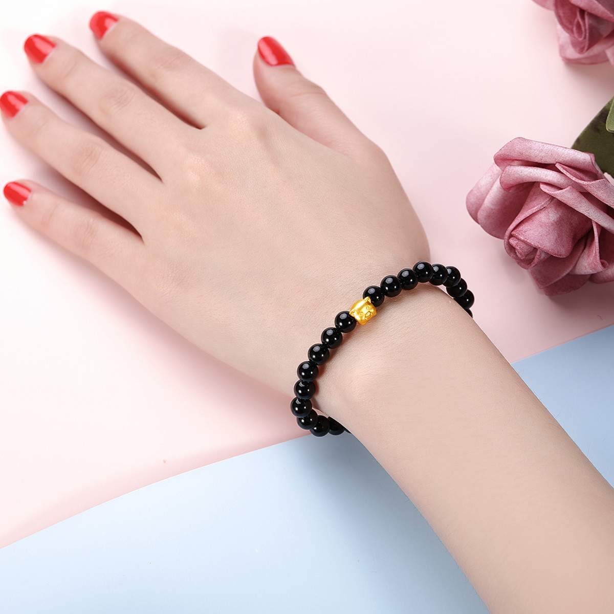 3d硬金足金黄金转运珠金猪手串手绳手链/定价