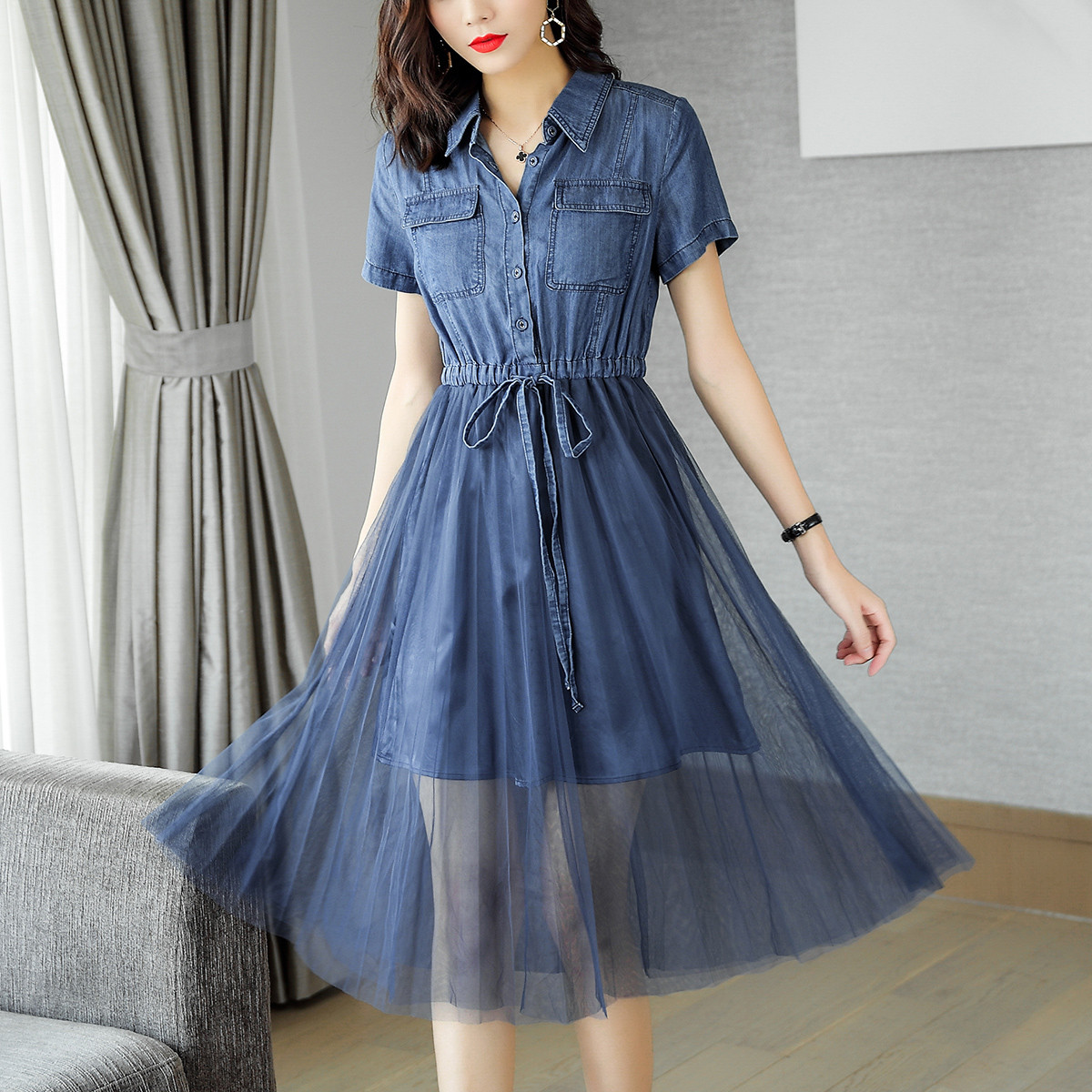 【2019夏】女款牛仔蓝拼接纱裙收腰中长款连衣裙