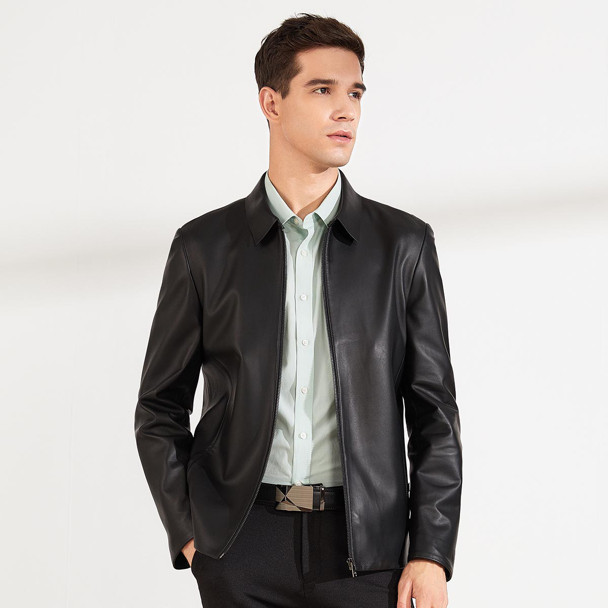 雪豹 油边翻领男士简约真皮皮衣短款夹克 黑色 48