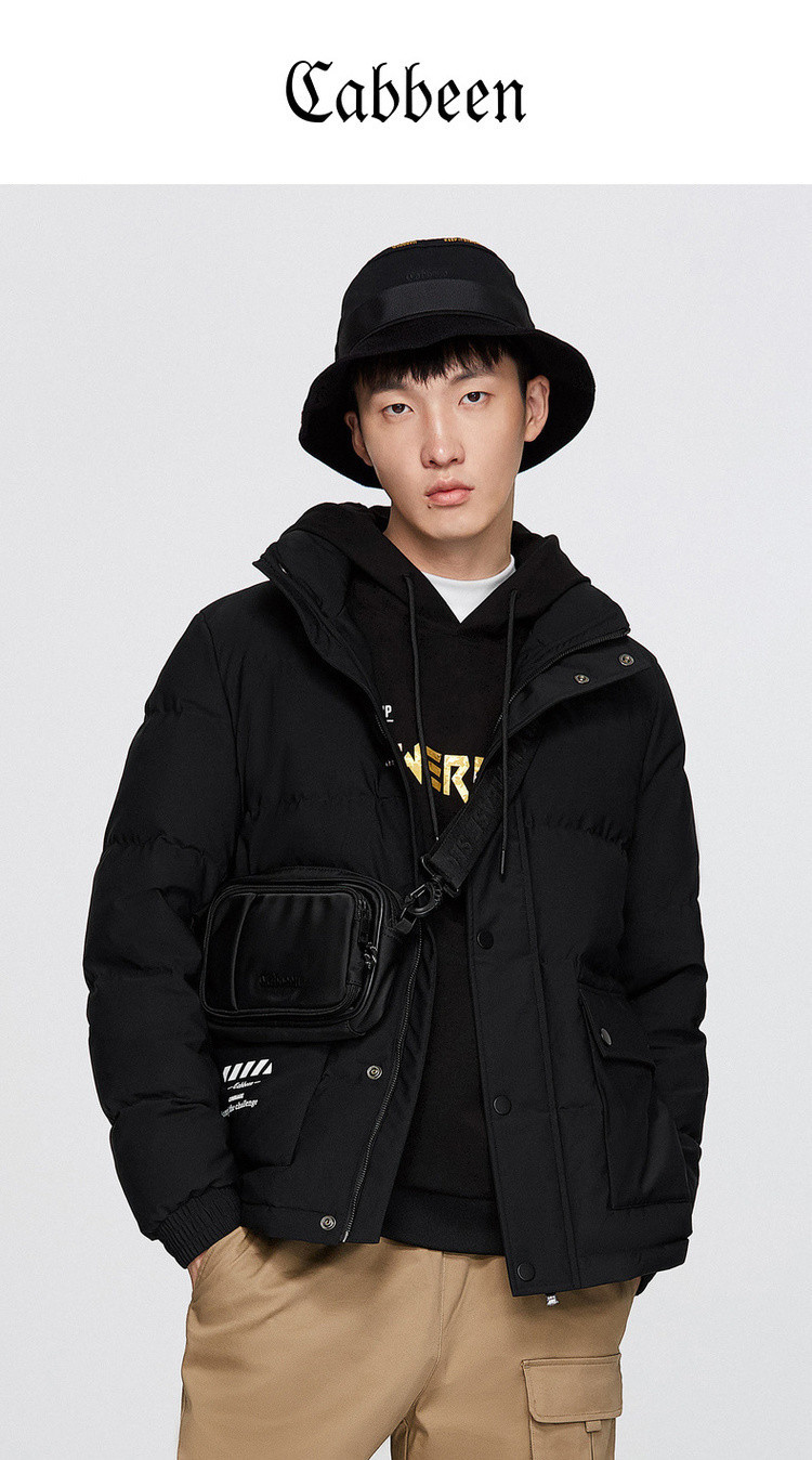 卡宾cabbeen 2019秋冬新款印花立领男士羽绒服 漆黑色 xl