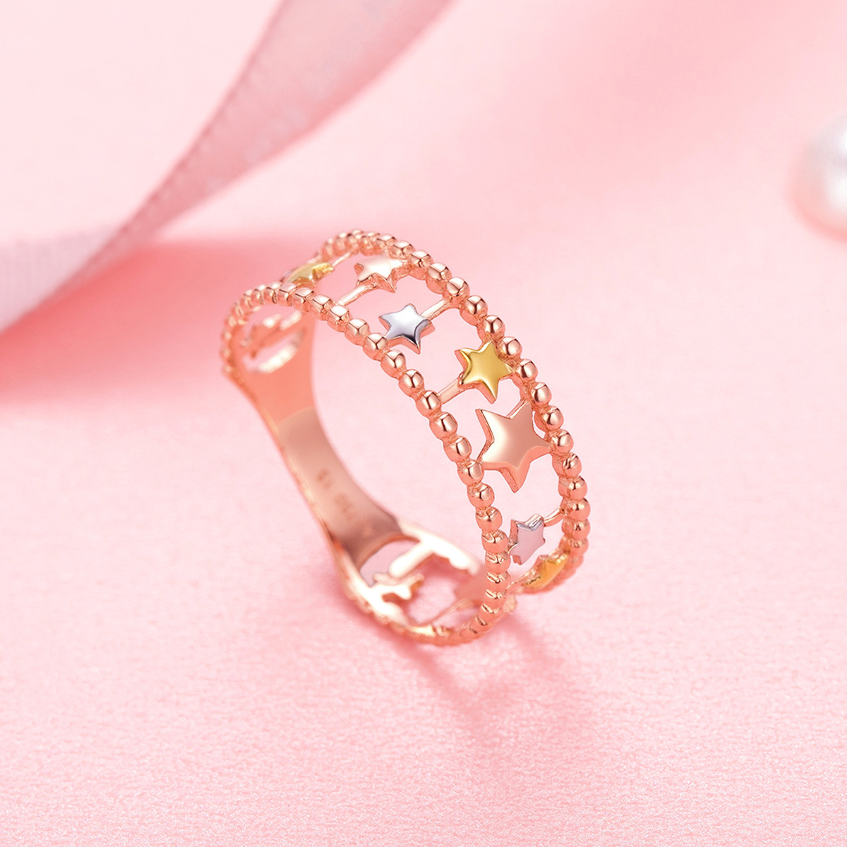 18k金戒指彩金玫瑰金女士食指戒固口时尚星星指环