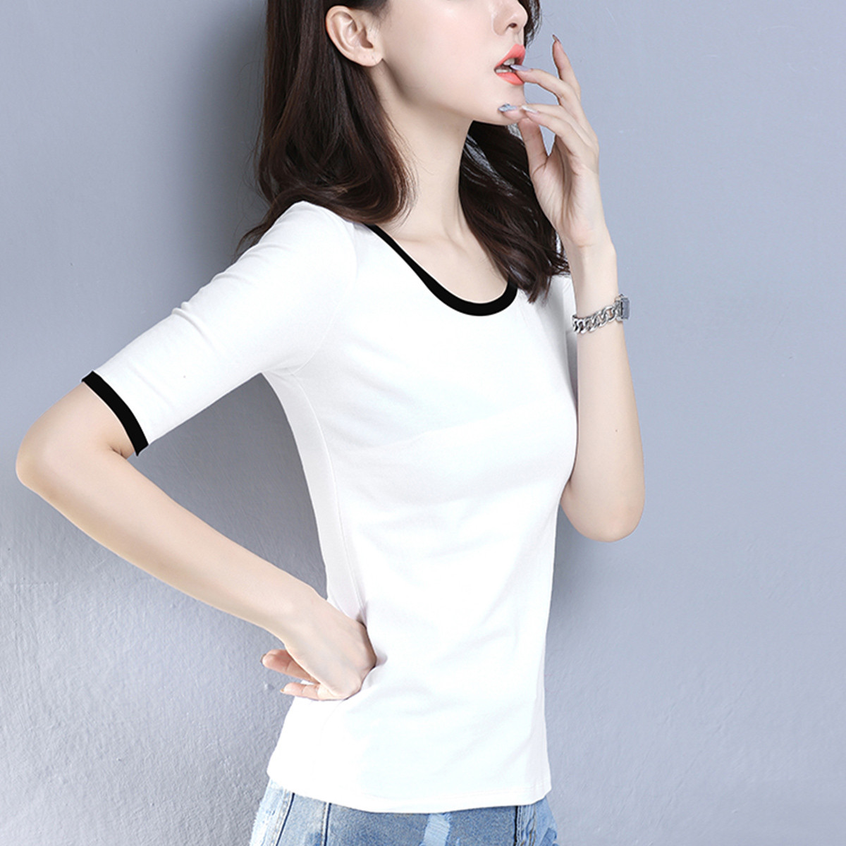 【精选精梳棉】2019夏新款撞色韩版简约通勤女士中袖t恤打