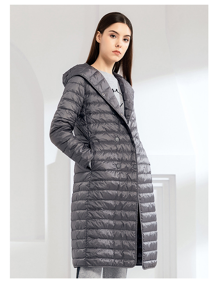 洛瑞琳2019冬季连帽修身轻盈白鸭绒外套休闲中长款女式羽绒服