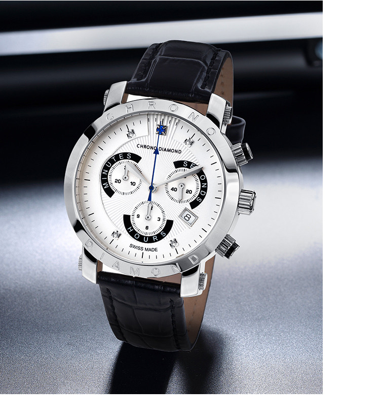 chrono diamond【瑞士手表】多功能三眼计时镶钻日历防水真皮表带商务