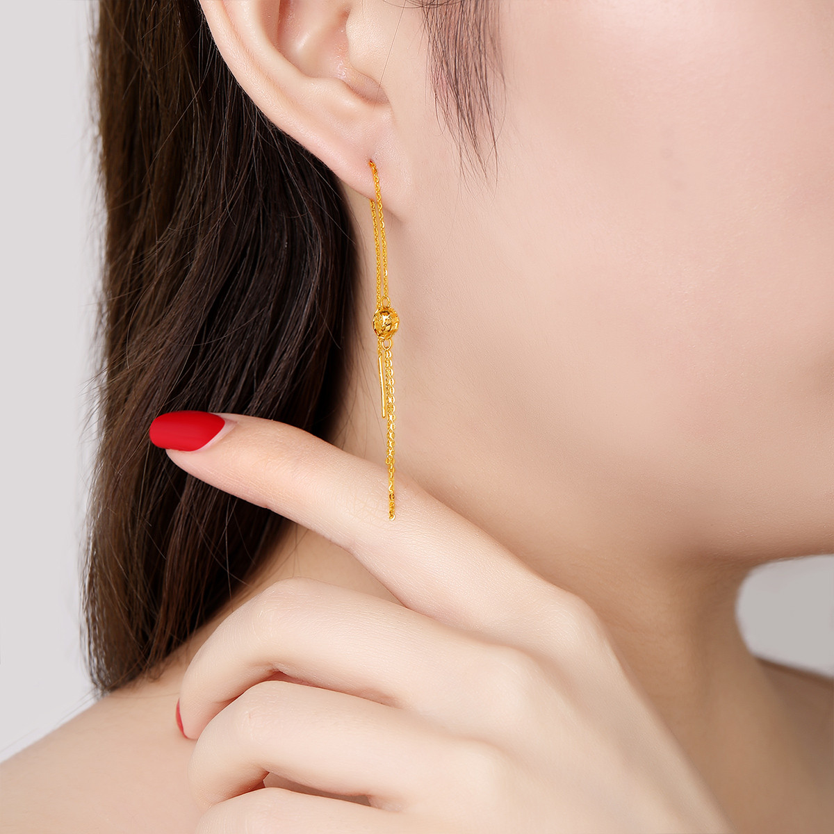 18k金耳饰流苏绣球彩金耳线耳钉一对显脸瘦18k耳饰