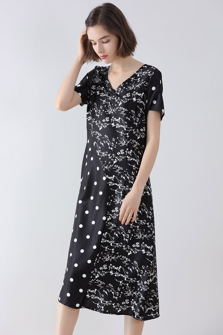 春夏时尚黑白点百搭女式真丝连衣裙