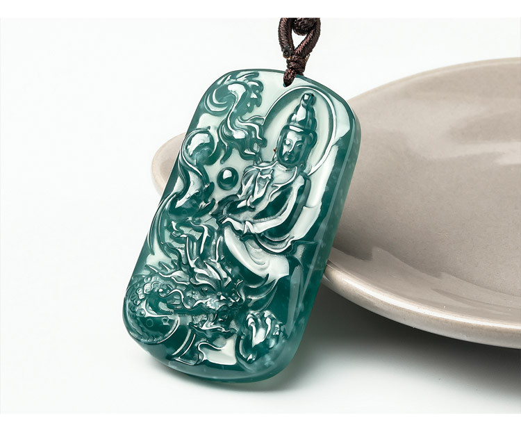 天然a货翡翠蓝水骑龙观音圣像吊坠