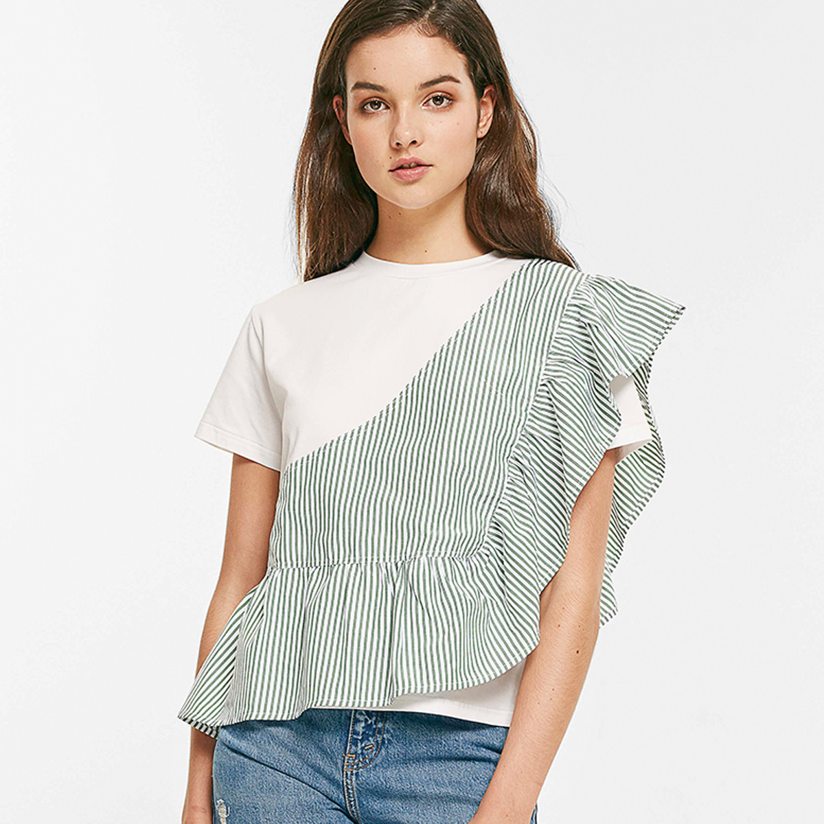 cubic夏季设计款款条纹荷叶边拼接圆领短袖t恤休闲上衣