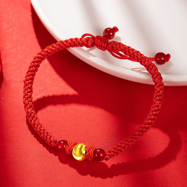 【2020新款】3d硬足金车花金珠黄金转运珠红绳手链