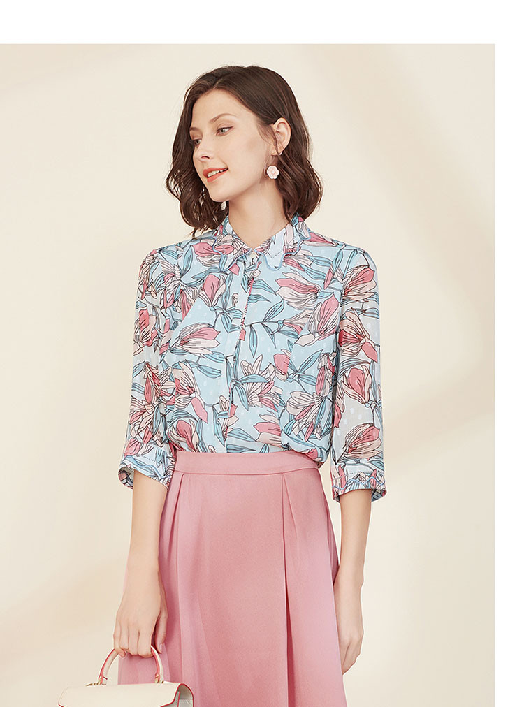 沐兰2020秋季新款印花设计感小众复古衬衫女七分袖雪纺衬衣