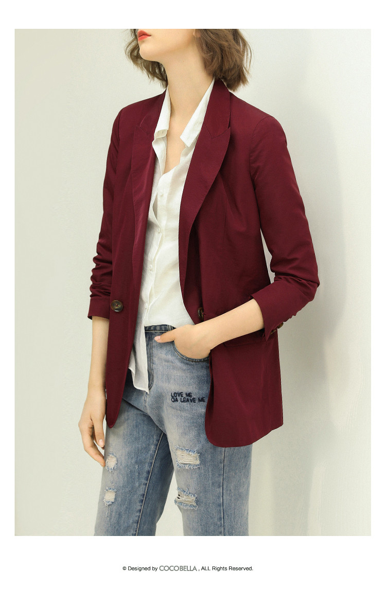酒红色一粒扣休闲西装女简约戗驳领西服外套ct1024b