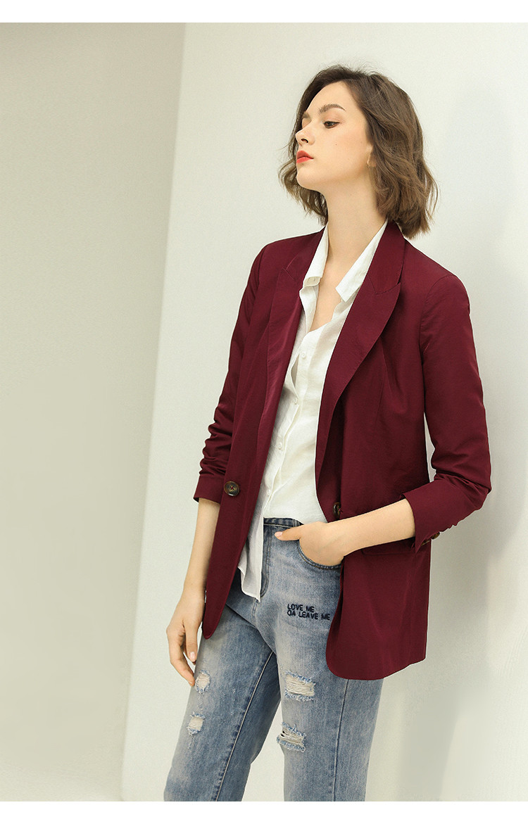 酒红色一粒扣休闲西装女简约戗驳领西服外套ct1024b