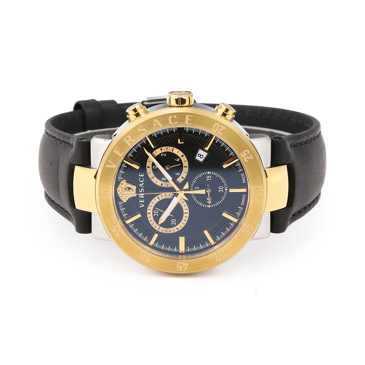 【四年保修】versace 经典三眼日历表盘黑金潮流皮带男表