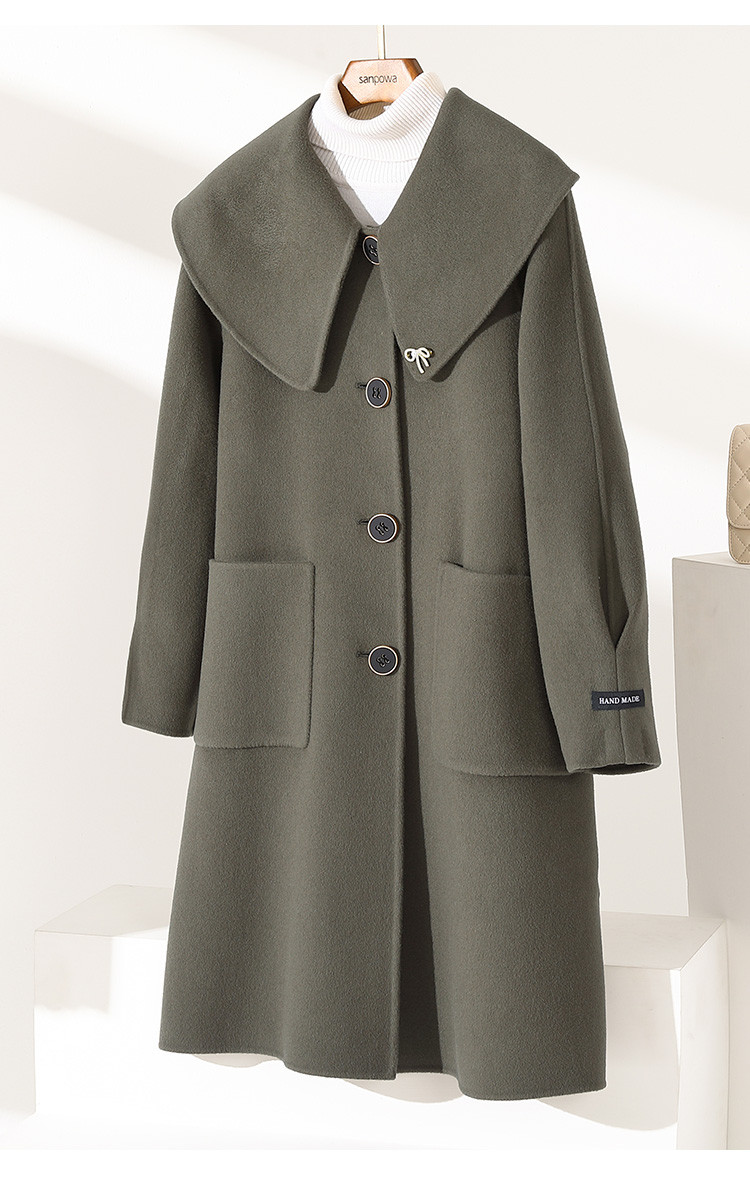 女士休闲大翻领长款插肩袖羊毛呢大衣外套