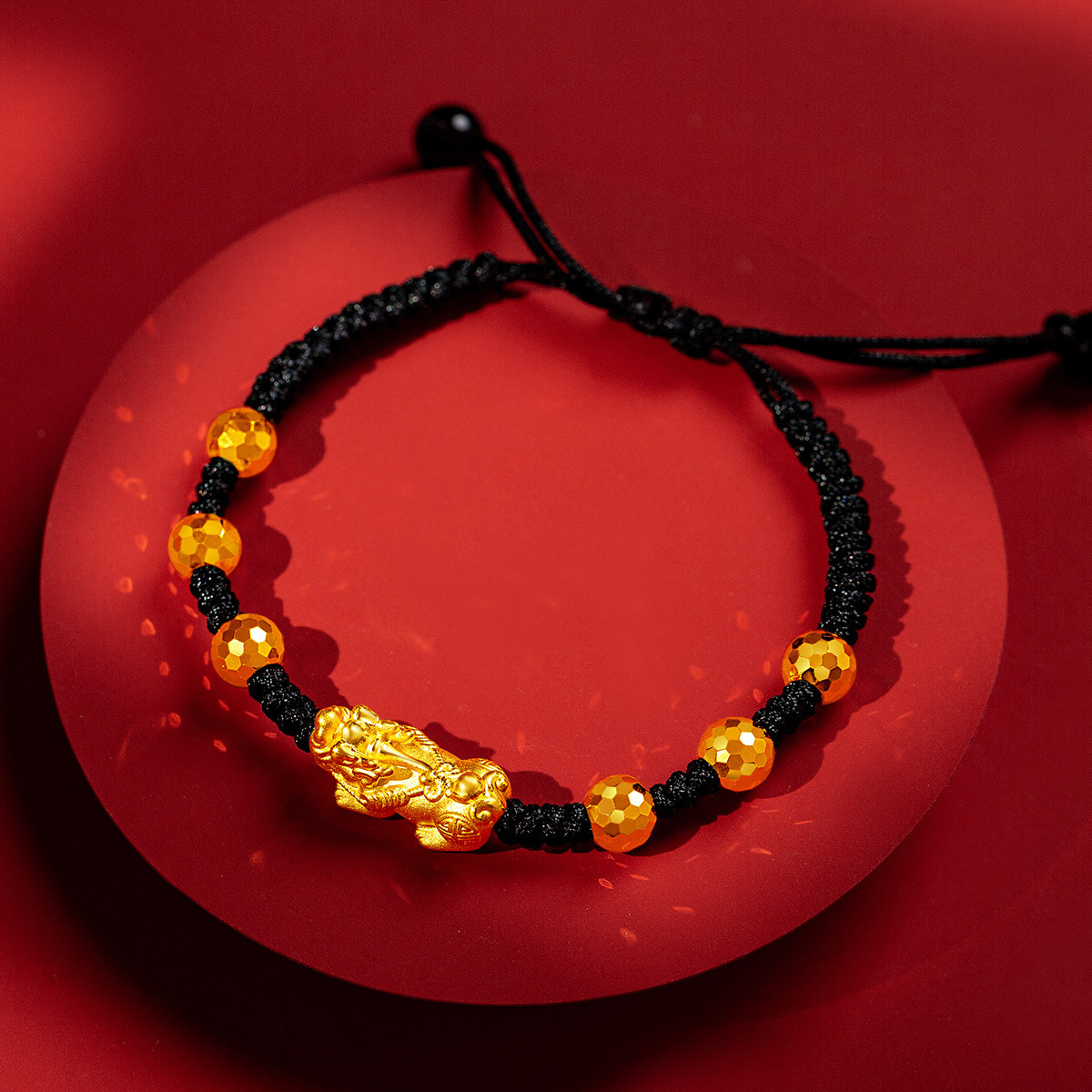 足金貔貅转运珠配黑绳手链足金手绳手工编织绳黄金手链手绳情侣款