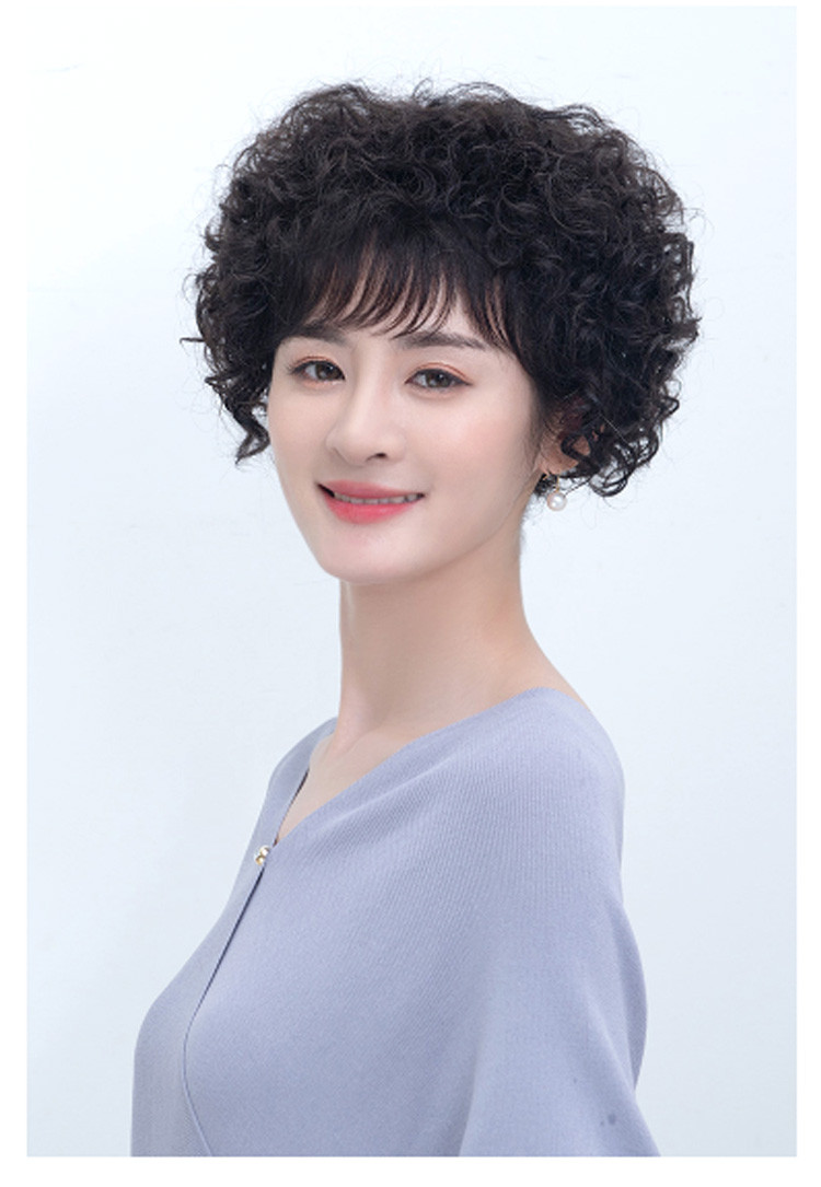 假发女真发短发长卷发妈妈真人发丝头套羊毛卷中老年全真发套