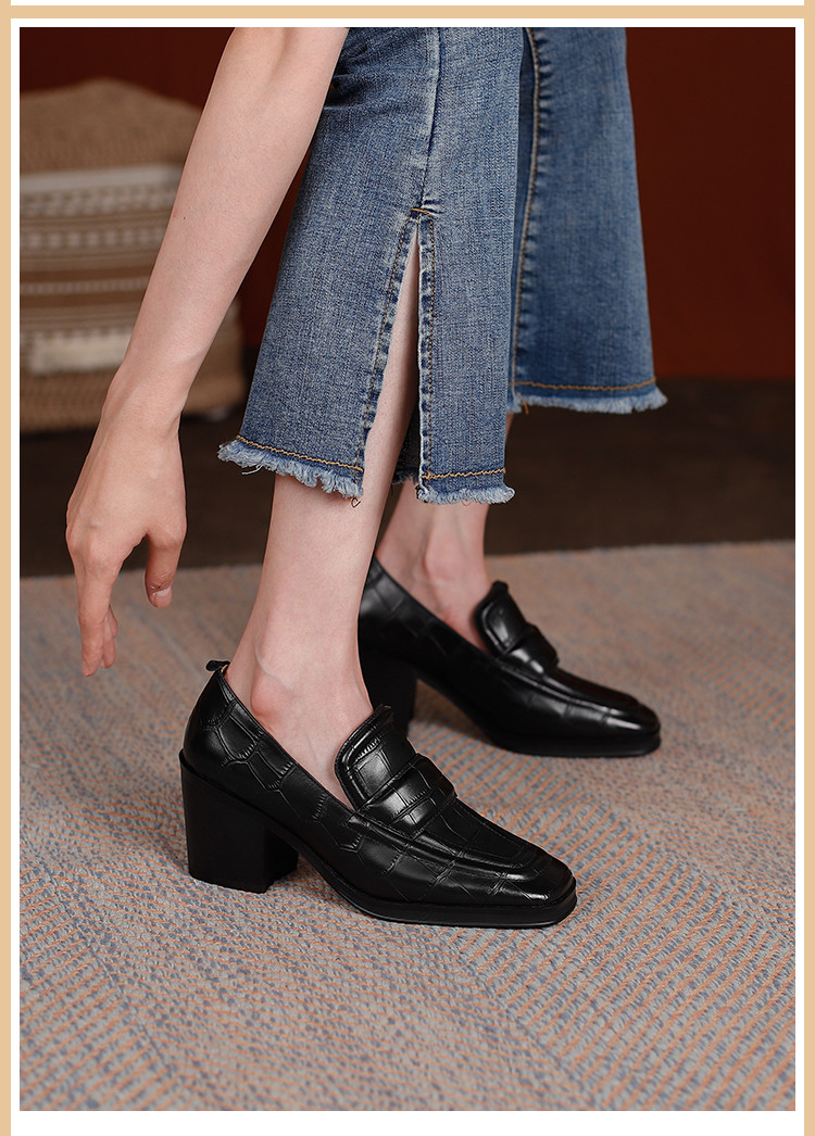 21秋季新款乐福鞋气质高跟鞋【牛皮】粗跟女鞋英伦高跟女鞋优雅