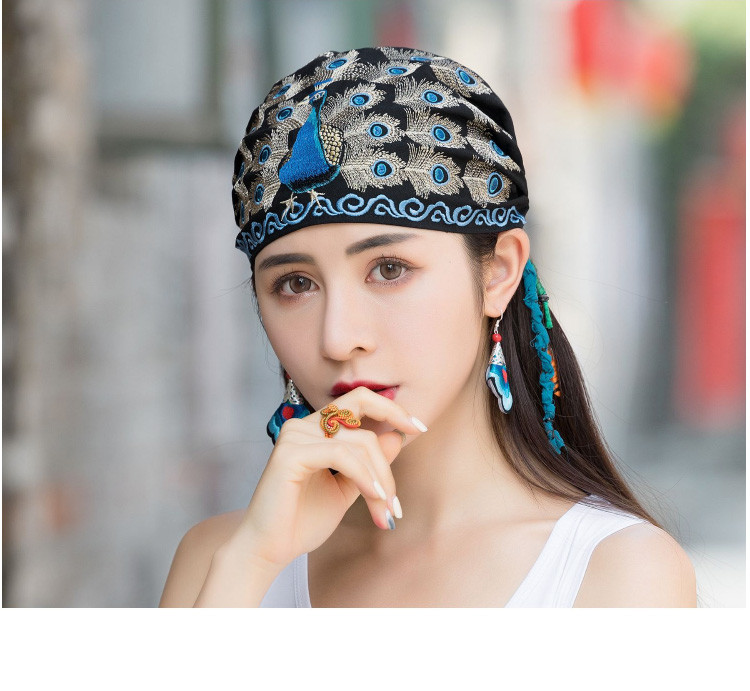 民族风绣花薄款棉麻帽子女帽孔雀开屏绣花帽子系带头巾帽包头帽子