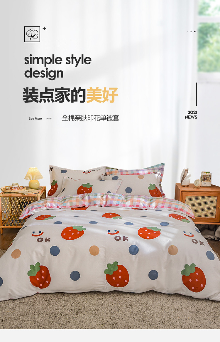 全棉印花条纹格水洗被单双人拉链家用宿舍被罩单件四季纯棉单被套