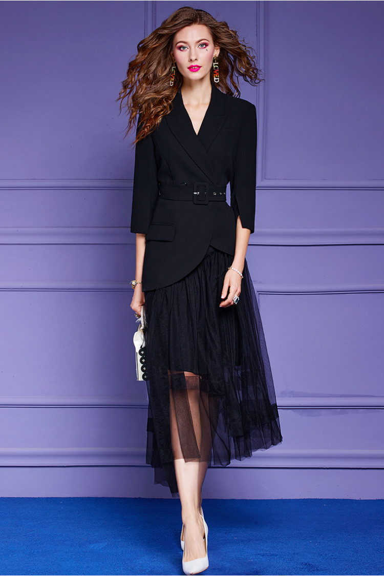 秋季收腰西服上衣配网纱半身裙菲梦伊西装套装裙女两件套