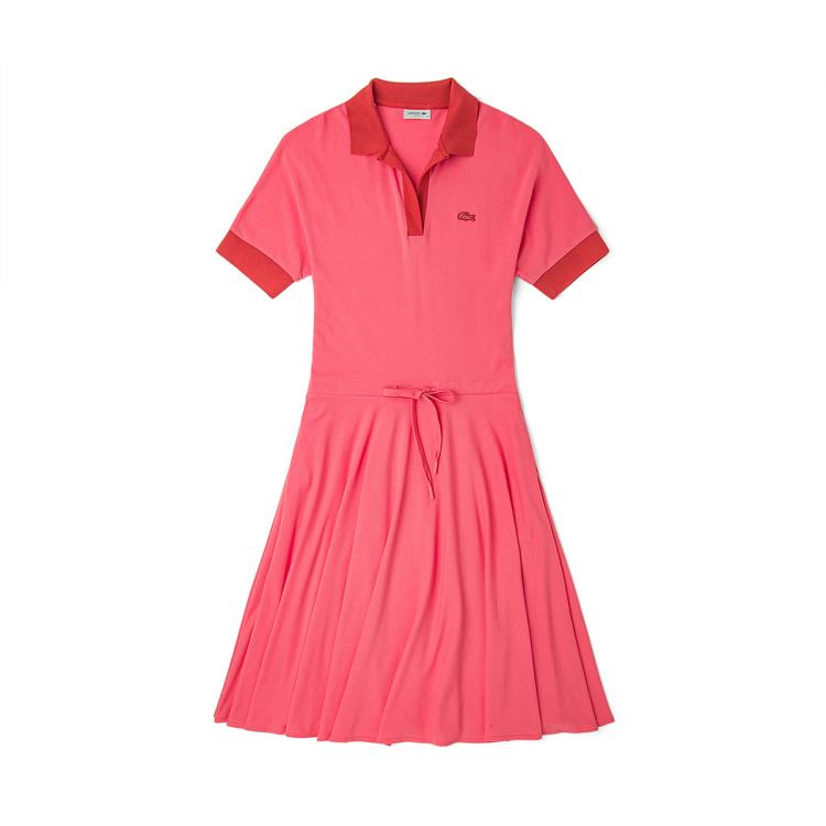 Lacoste 法国鳄鱼运动休闲女装法式翻领短袖连衣裙女网球风收腰显瘦连衣裙 In Pink