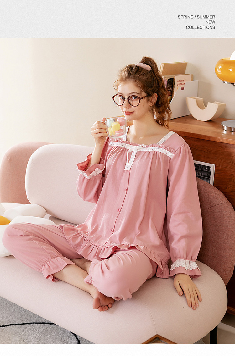【全棉时尚少女感】秋冬波边领口蕾丝拼接袖口女士家居服女士睡衣