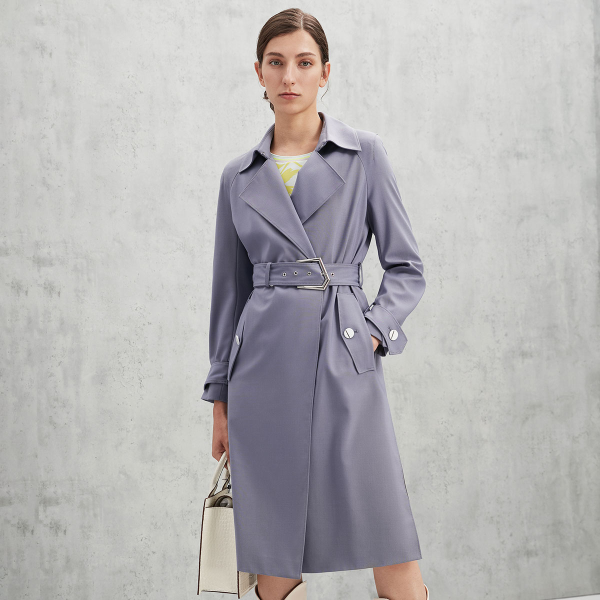 歌力思集团 laurel春夏新款经典气质翻领长款羊毛混纺收腰风衣女