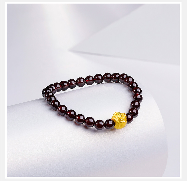 3d硬金黄金手链女款石榴石玫瑰花转运珠手串