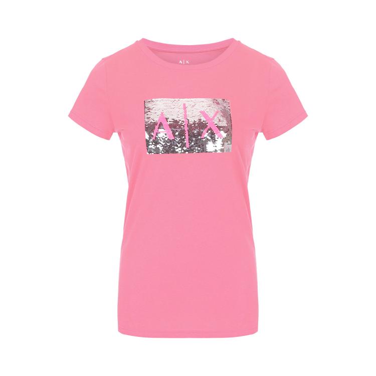Armani Exchange 女士简约显瘦字母珠片纯棉透气休闲圆领t恤 In Pink